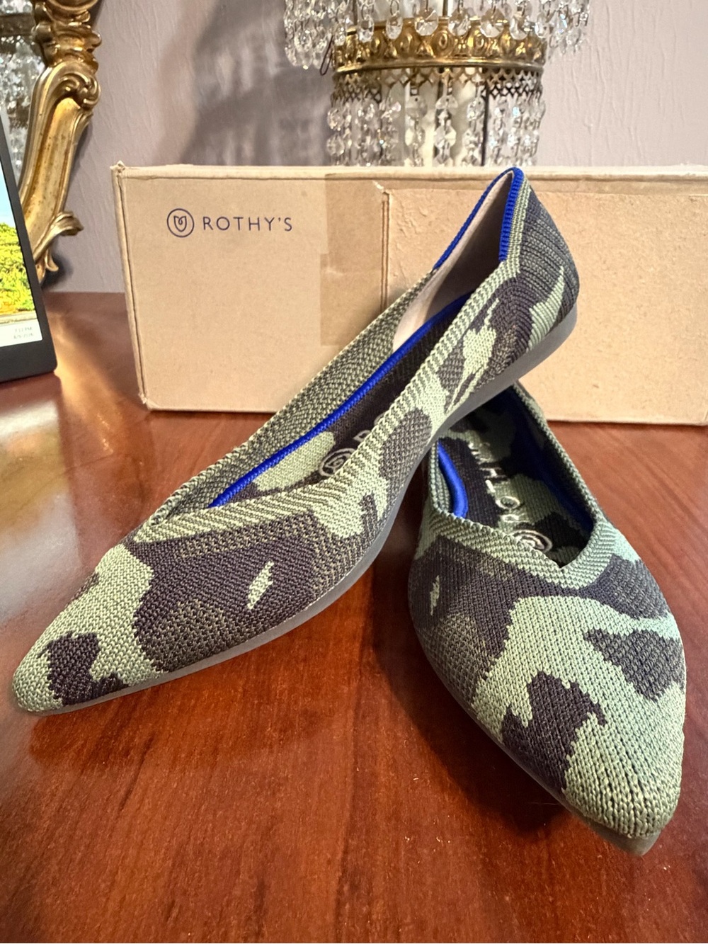 Rothy's The Point Camo Flat Olive Green Knit Shoes 5.5 NIB Blue Halo
